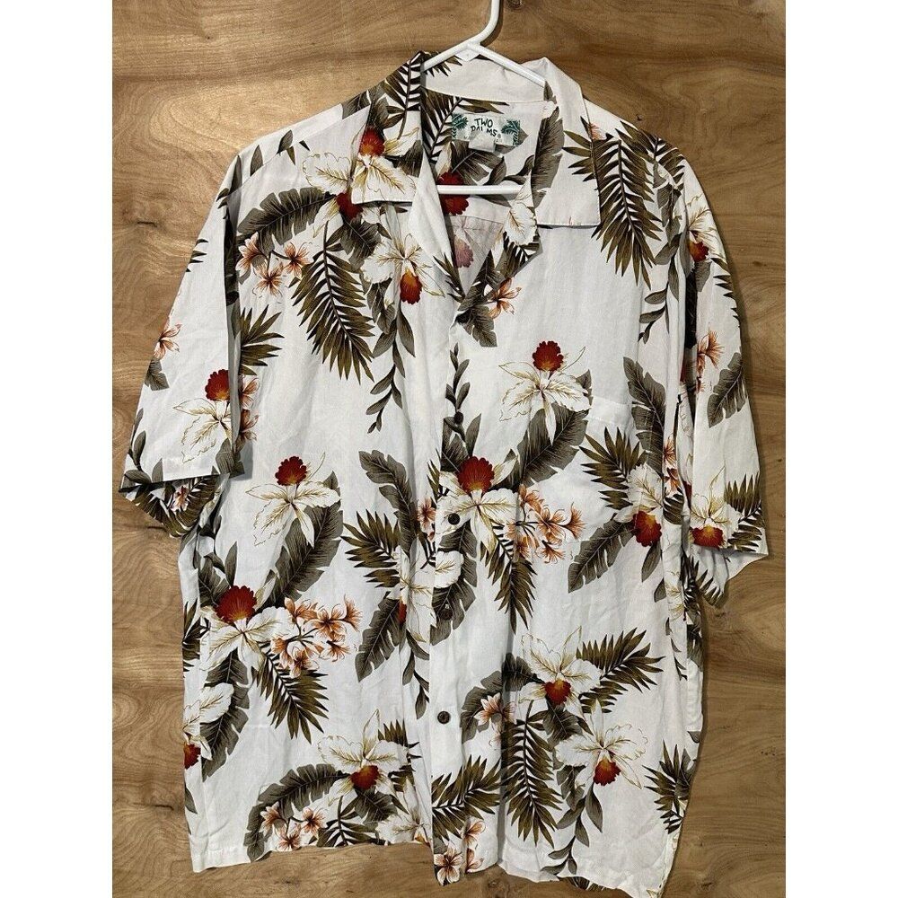 Two Palms Aloha Hawaiian Luau Floral Rayon Coconut Button Down Shirt XL Orchid